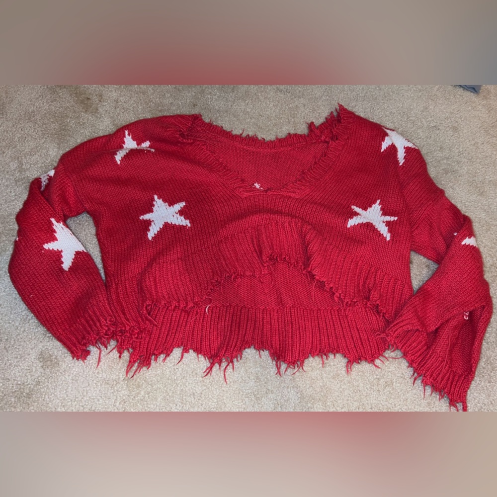 COPY - red, starred, crop, destressed sweater, off the shoulder